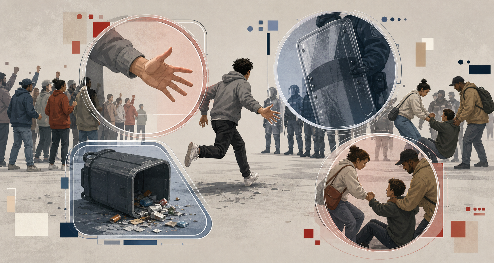 Several translucent camera frames isolate different details from one ambiguous street incident involving police, demonstrators, and bystanders.
