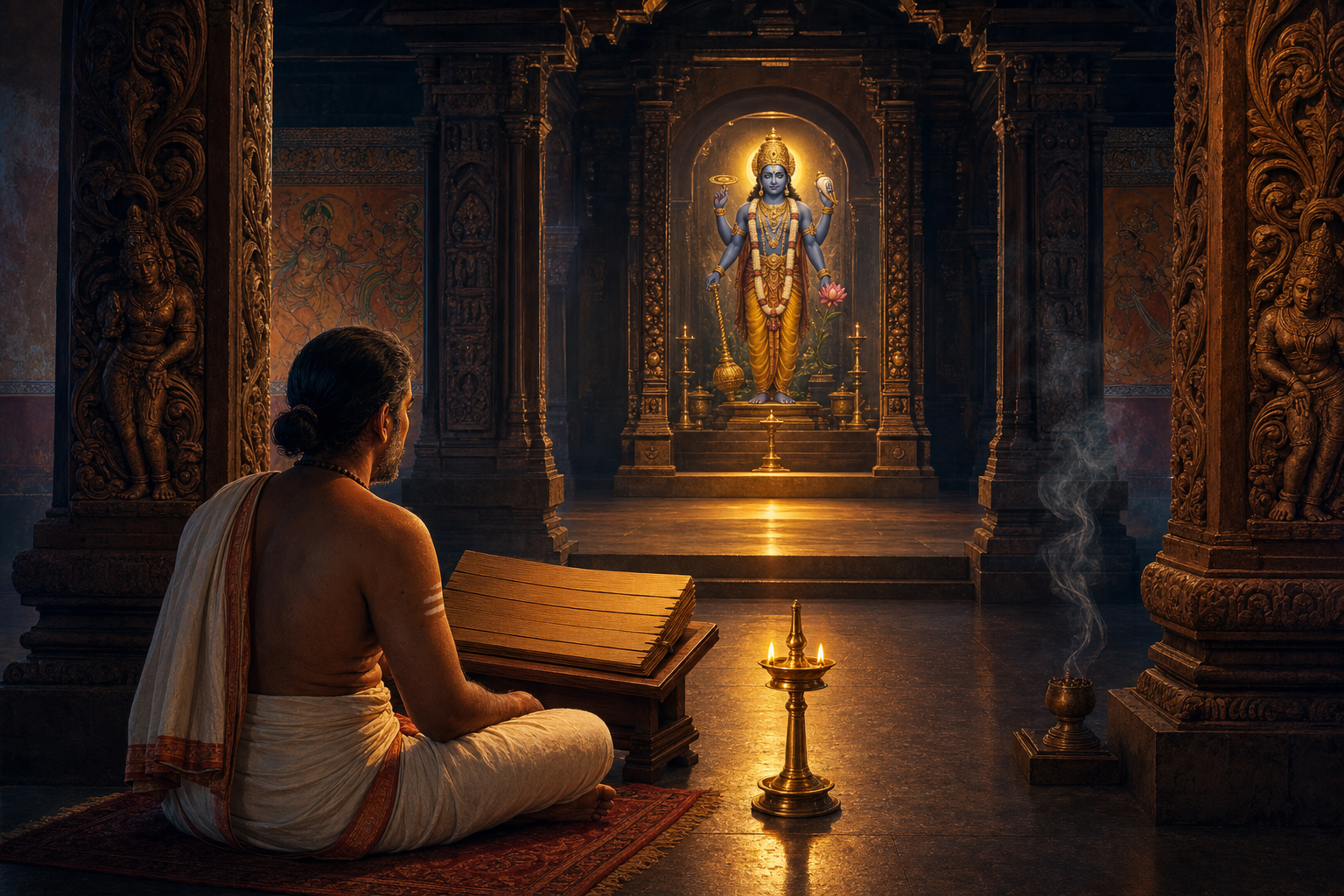 A devotee recites from a palm-leaf manuscript by an oil lamp inside a Kerala temple, facing a radiant image of Krishna-Narayana in the sanctum.