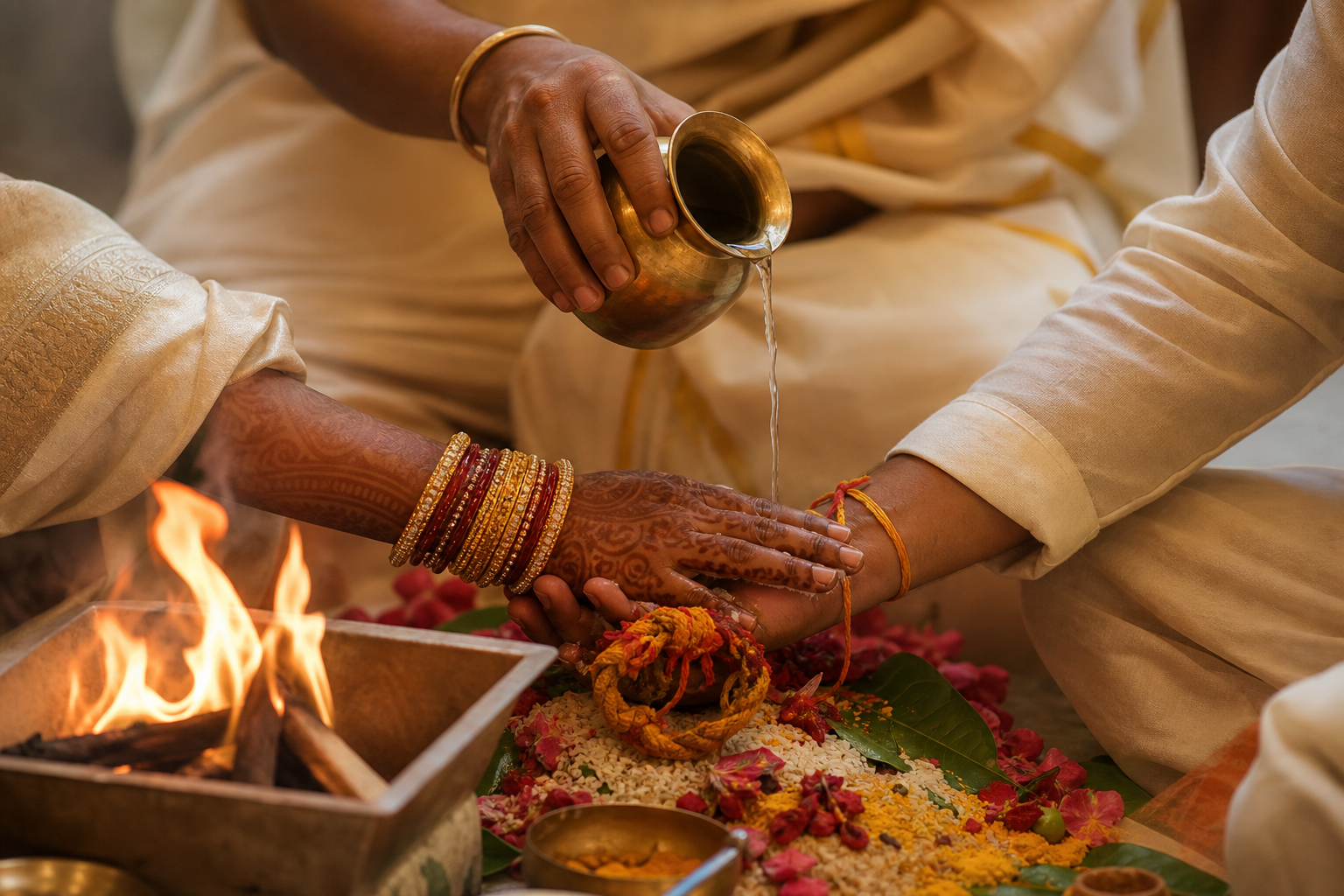Two hands are joined beside a ritual fire while an officiant pours water from a brass vessel over the vow gesture.