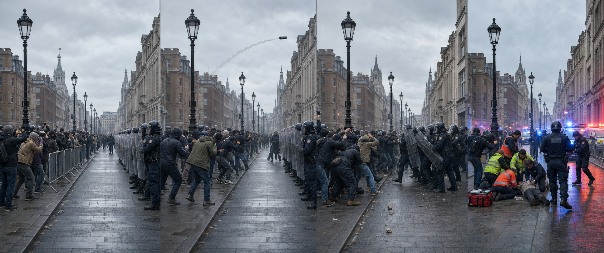 A continuous four-stage street panorama shows a demonstration before, during, and after an unidentified object triggers a confrontation.