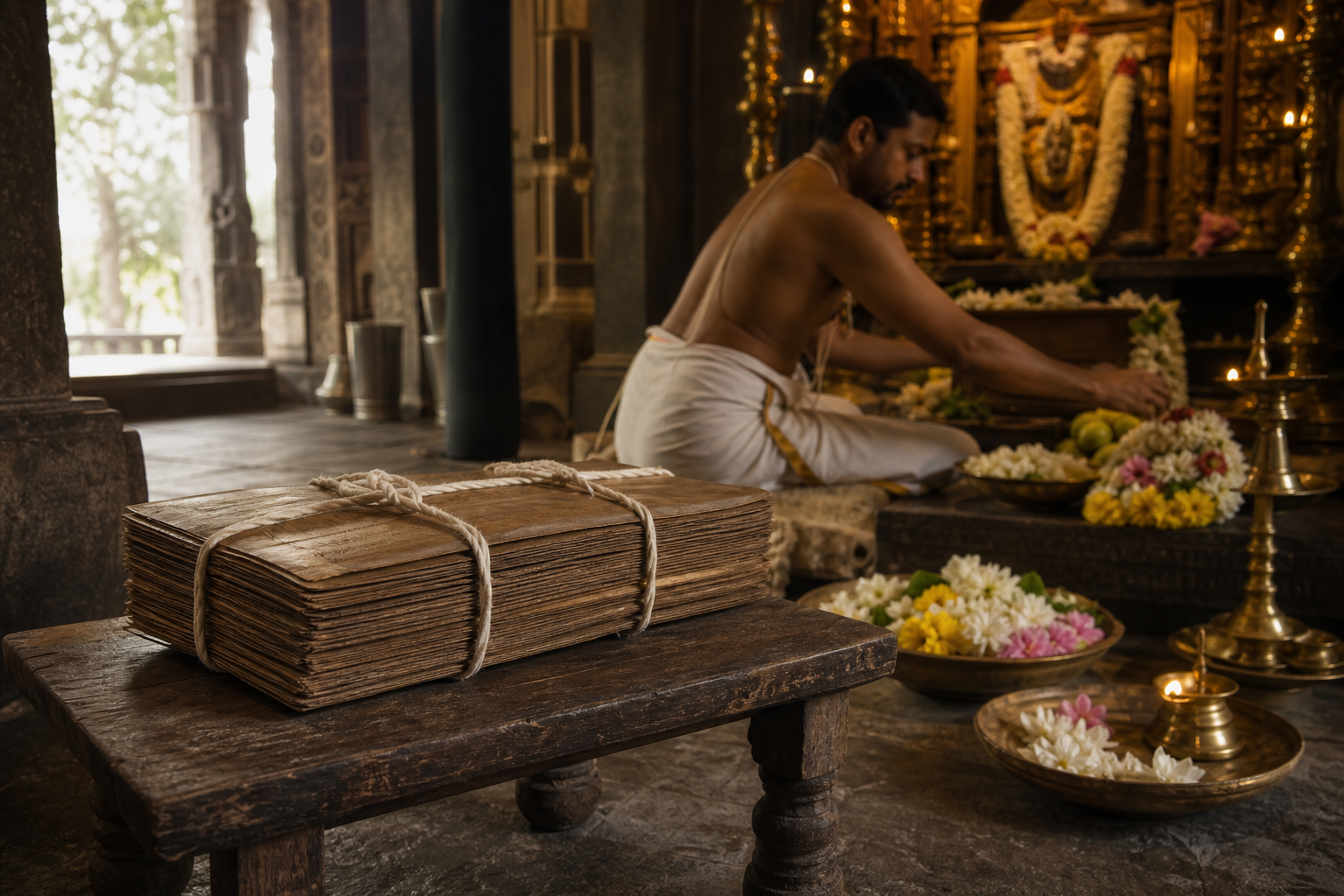 A tied bundle of palm leaves rests in the foreground while a temple attendant prepares flowers, lamps, and offerings at a shrine behind it.