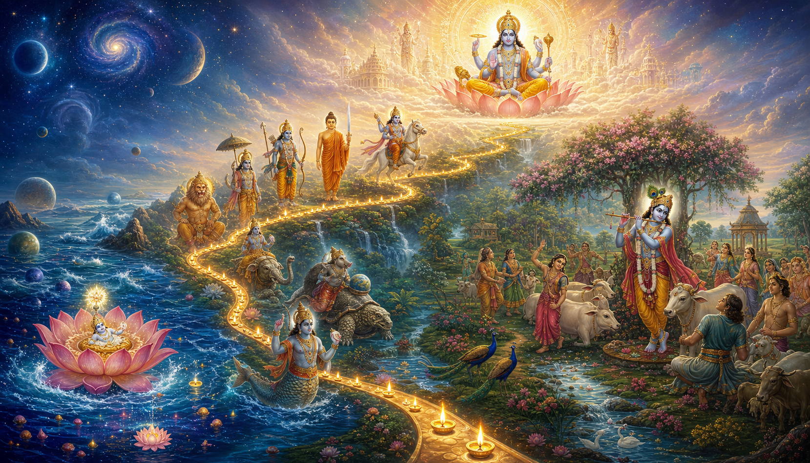 A flowing sacred landscape rises from cosmic creation through forms of Vishnu and Krishna's pastoral world to a radiant vision of Narayana.