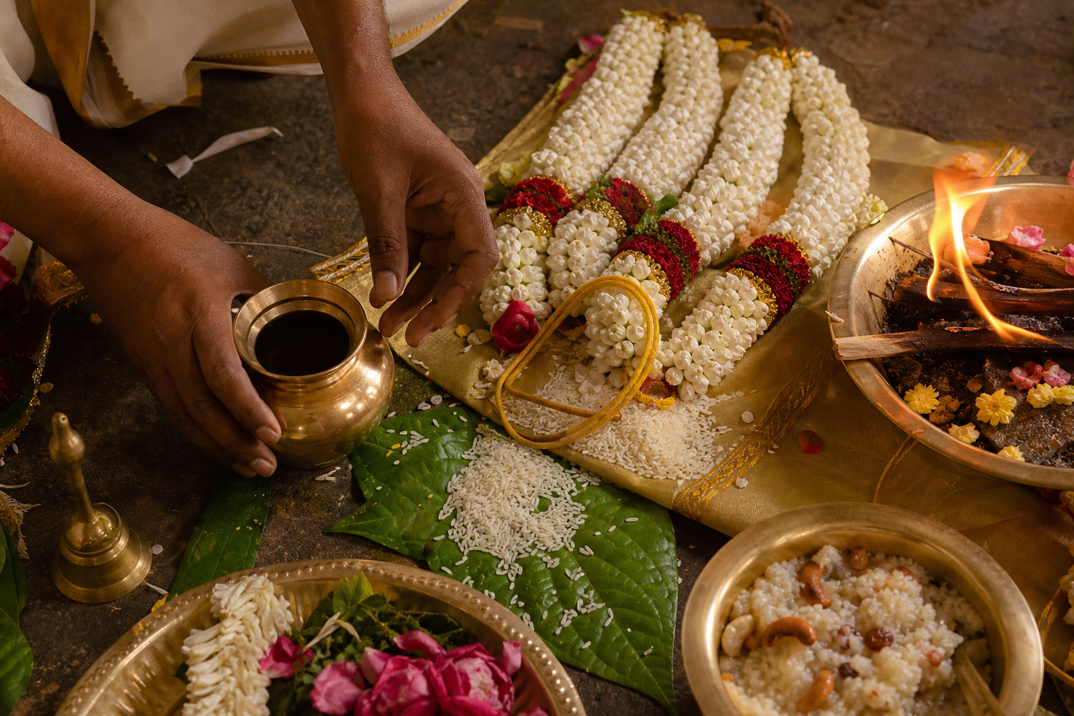 An officiant's hands work among water, garlands, ceremonial thread, rice, leaves, fire, and food arranged on a temple marriage altar.