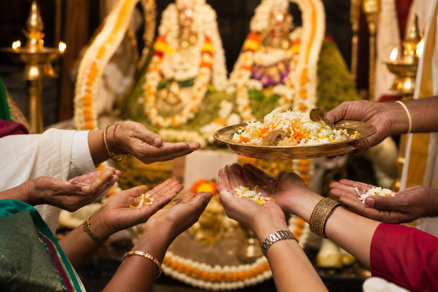 Devotees receive flower petals and sacred food from a brass tray as garlanded temple icons appear softly in the background.