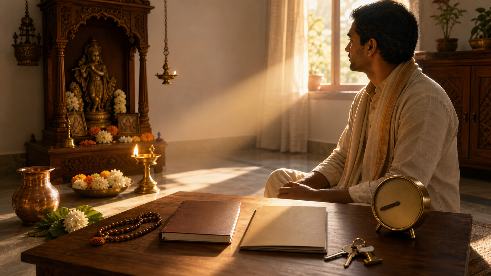 An adult sits beside a home shrine and a planning table holding a brass lamp, flowers, prayer beads, a copper vessel, a blank notebook, a folder, keys and a numeral-free clock in morning sunlight.