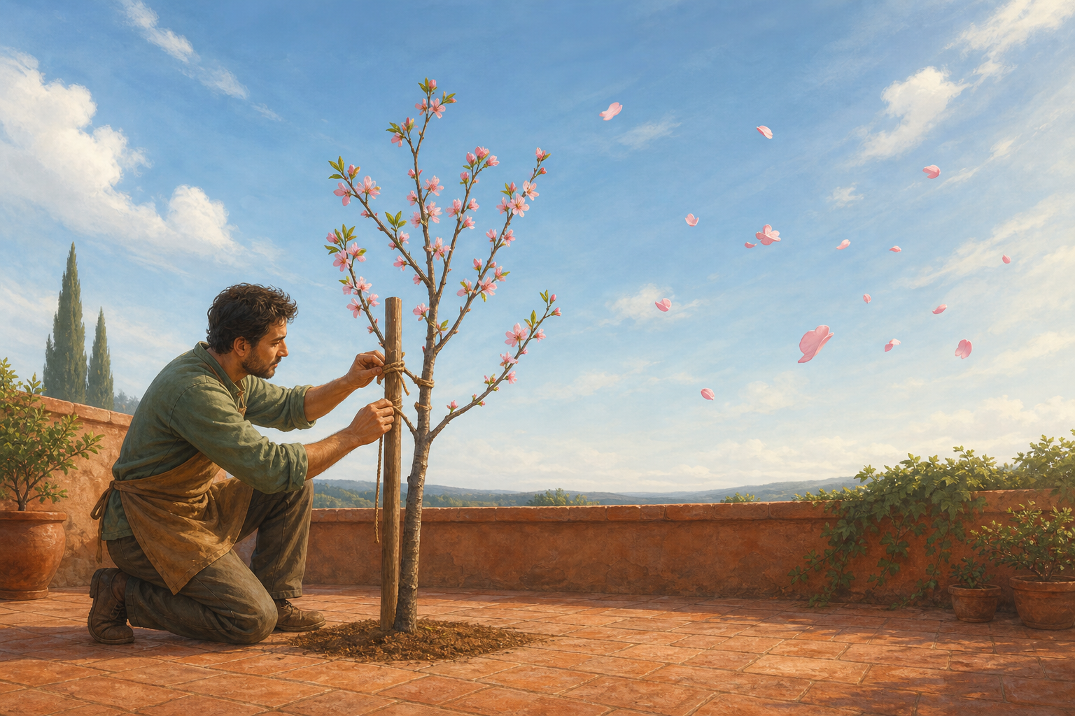 A person carefully supports a flowering tree while several petals drift away in the wind.