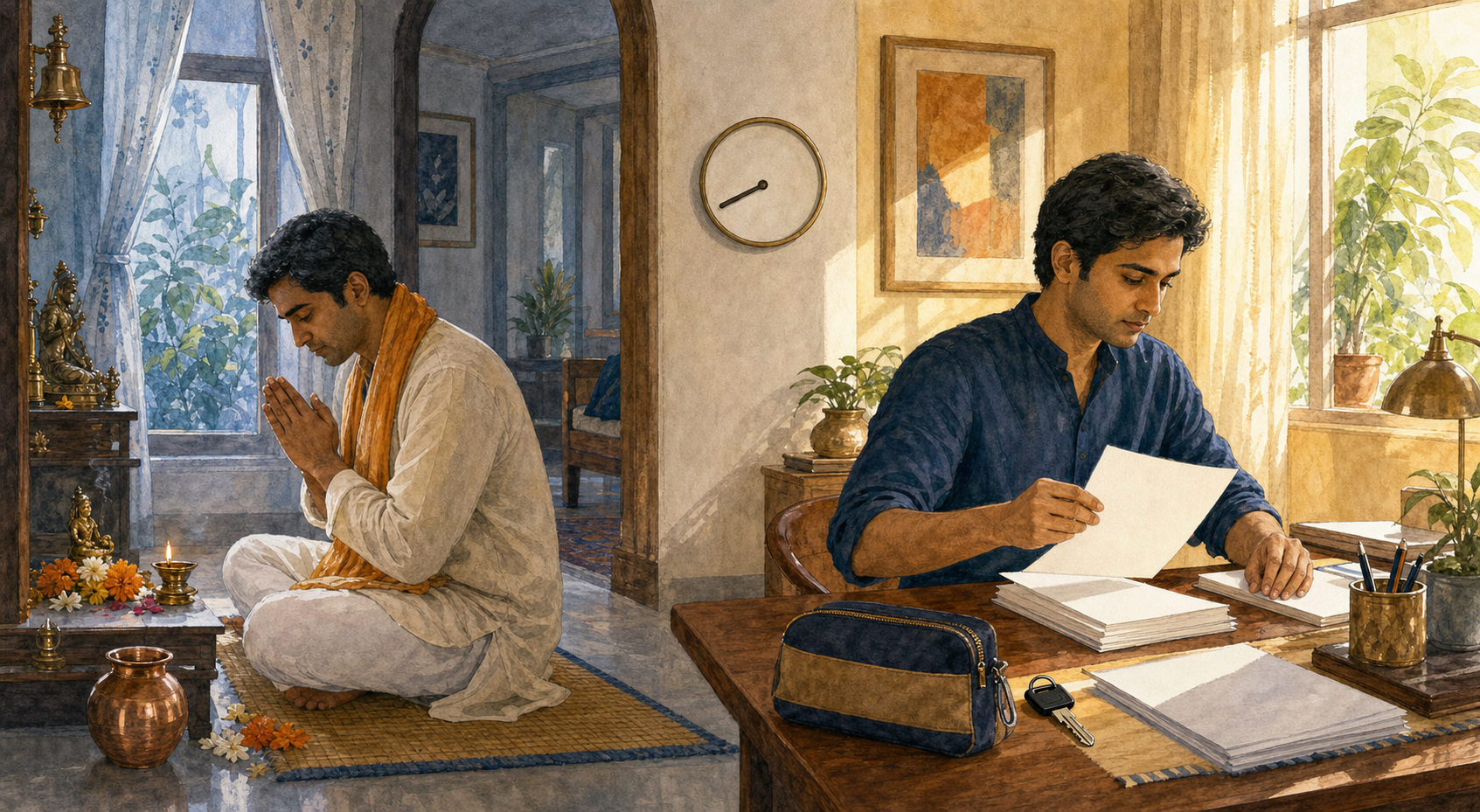 A two-part illustration shows an adult performing puja in cool morning light and later organizing blank papers, keys and a travel pouch in warmer sunlight.
