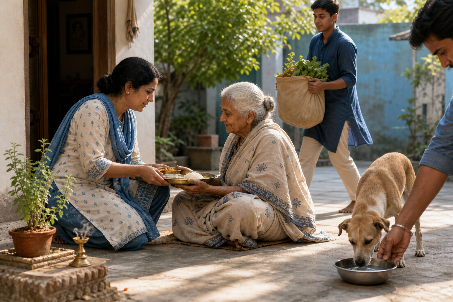 A devotee serves food to an elderly neighbor as others offer water to a dog and help carry provisions in a sunlit courtyard.
