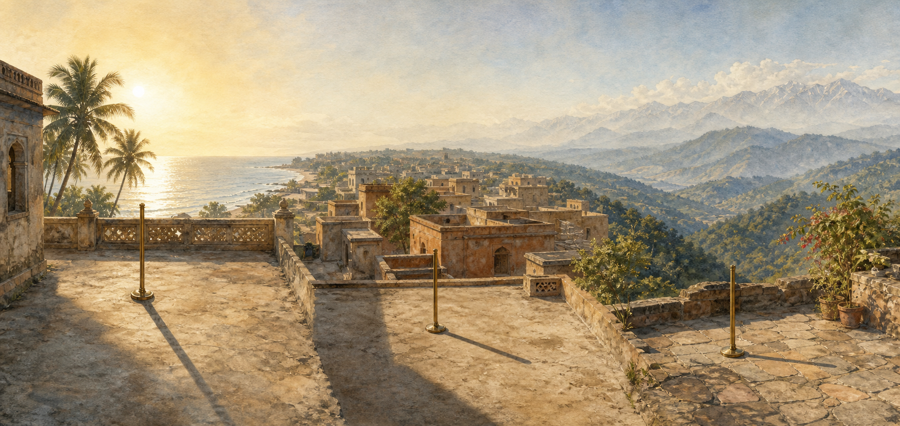 A continuous panorama shows brass shadow sticks in coastal, inland and foothill settings, each surrounded by different horizons, sunlight and shadows.