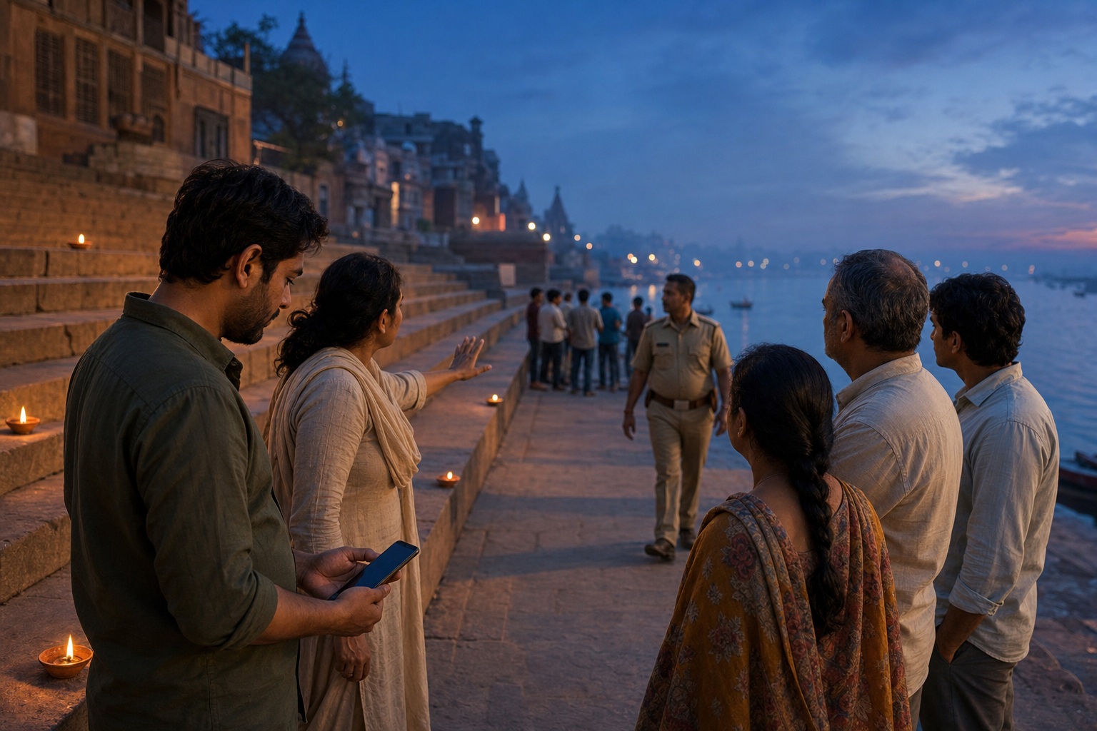 People on the Varanasi riverfront remain at a distance from a tense gathering as one person lowers a phone and a public-safety official approaches.
