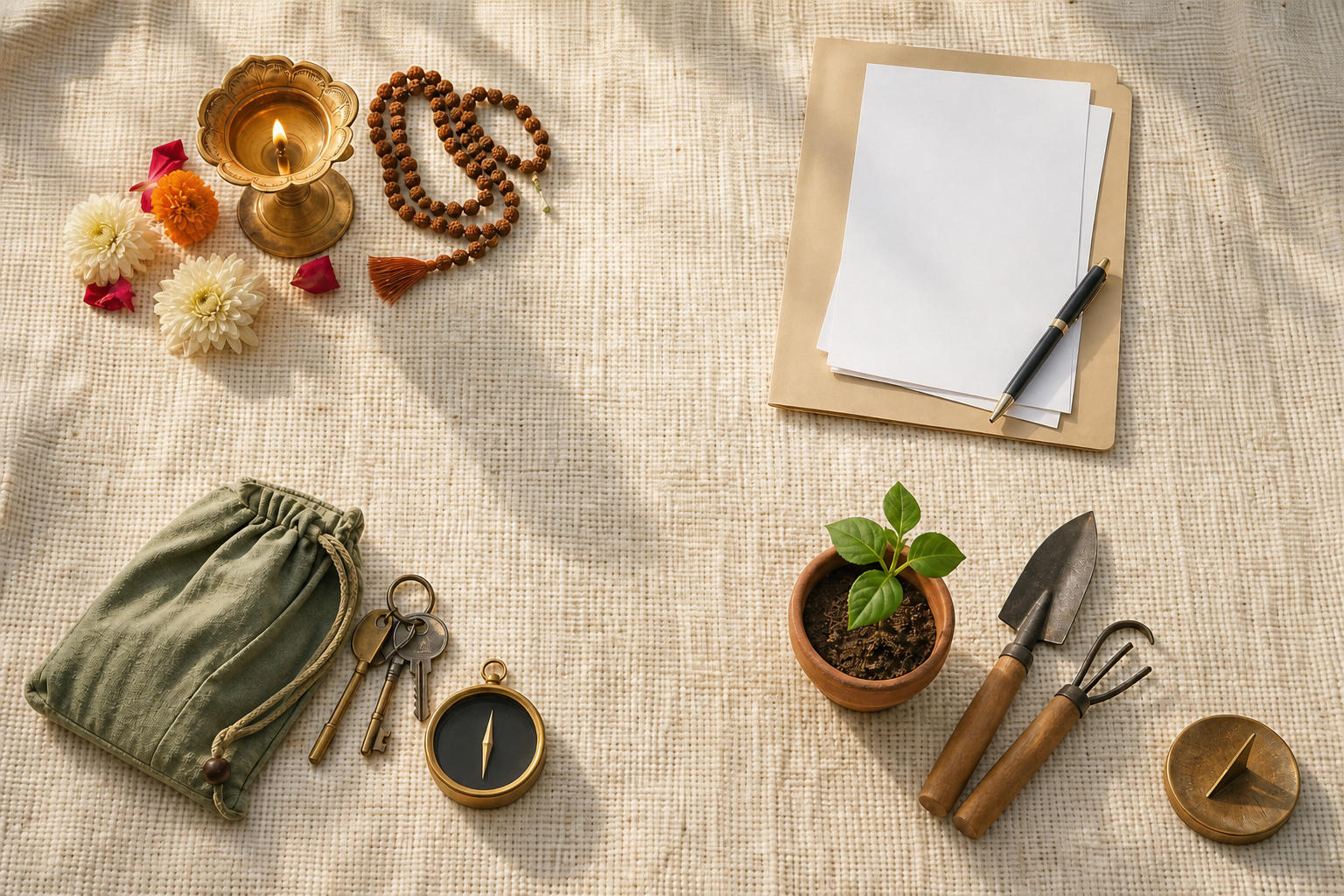 An overhead still life groups a lamp and prayer beads, blank paperwork, travel items, and a potted seedling with tools around a small numeral-free timepiece.