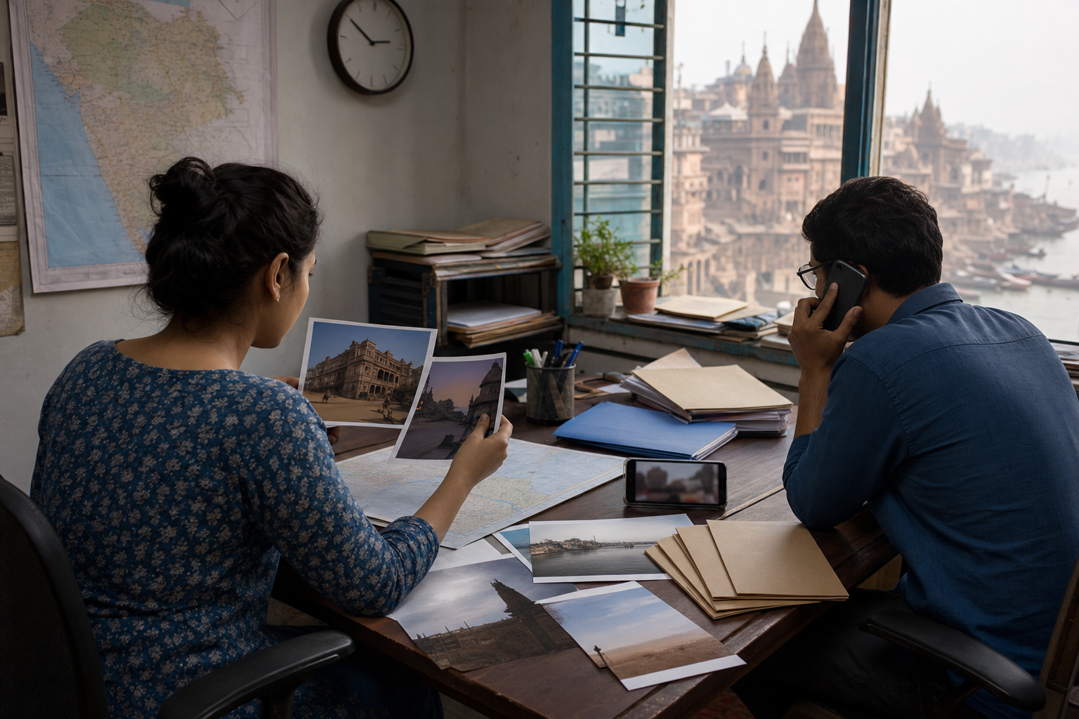 Two researchers in a Varanasi office compare a phone video with reference images and make a verification call.