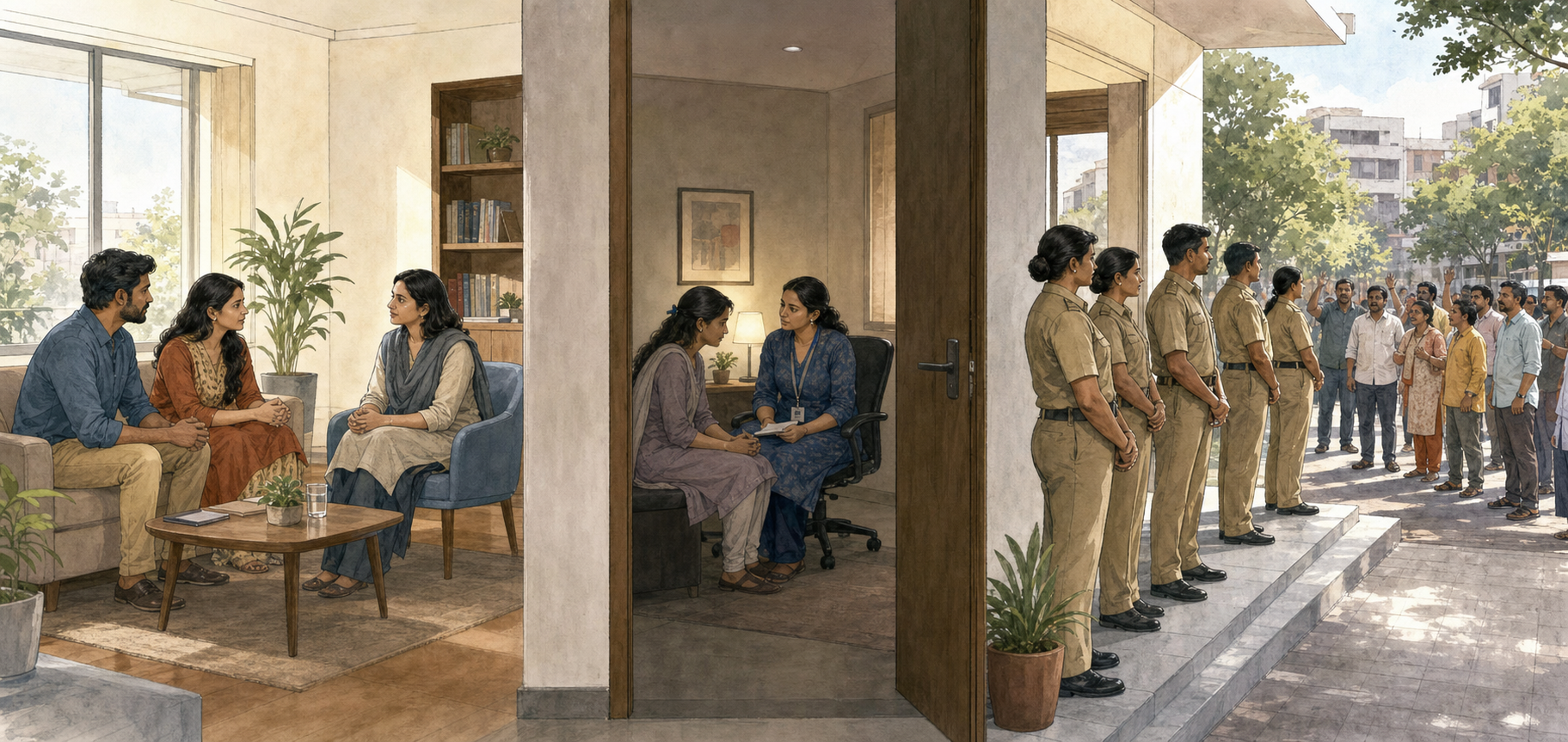 A continuous illustration shows an adult couple with a counselor, a private safety interview, and officers keeping a crowd away from a doorway.
