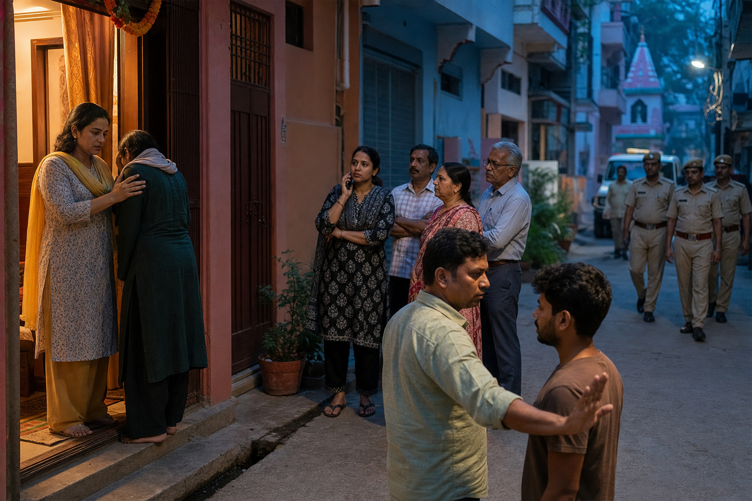 Neighbors keep their distance in a Varanasi lane while a woman calls for help, a support worker offers shelter, and authorities arrive.