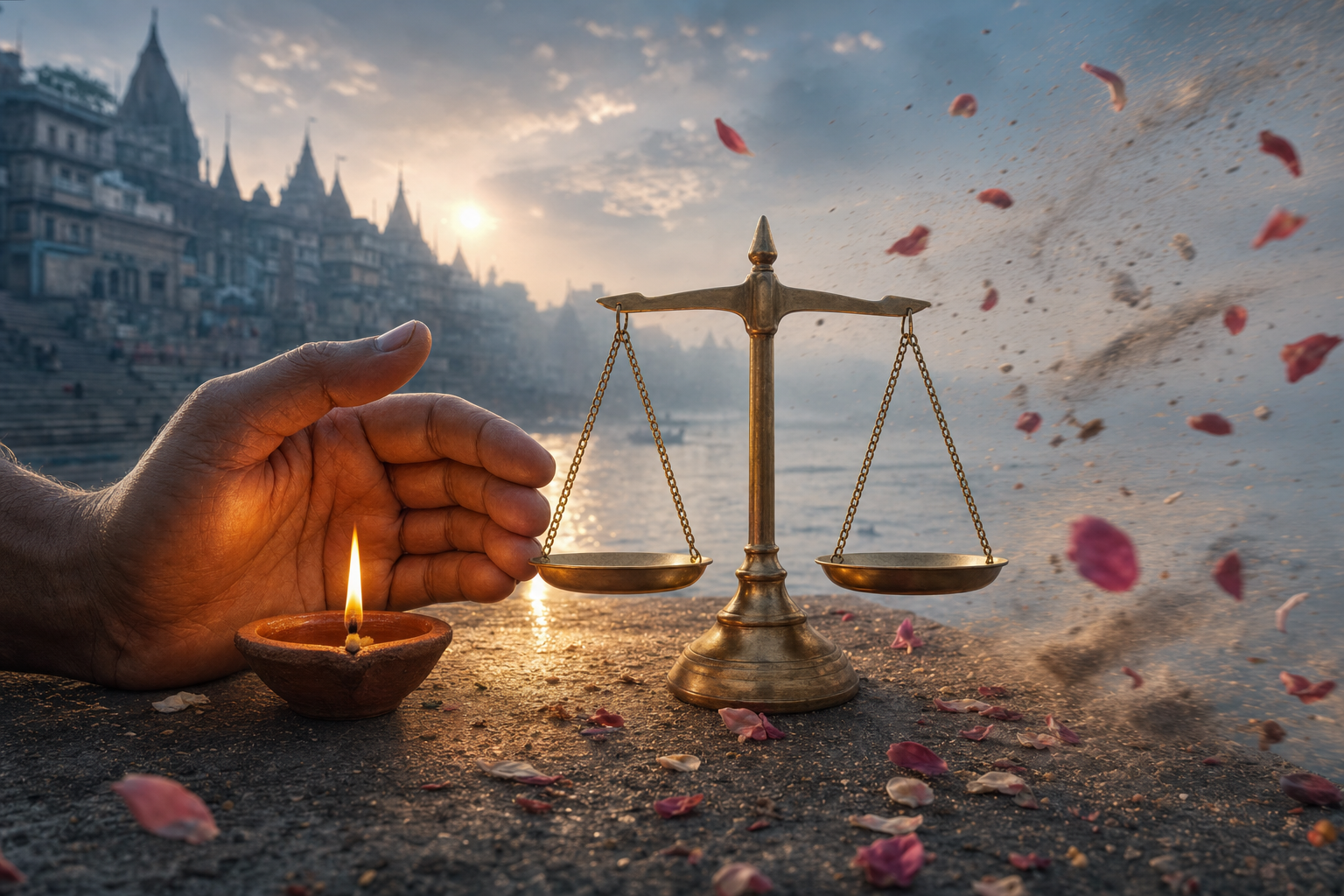 A hand shields a clay lamp beside balanced brass scales overlooking a misty riverfront at dawn.