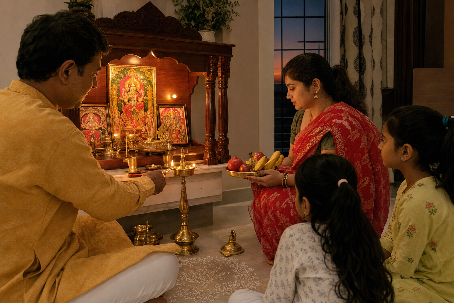 Family members gather at a small home shrine while a brass lamp is lit and fruit is offered.