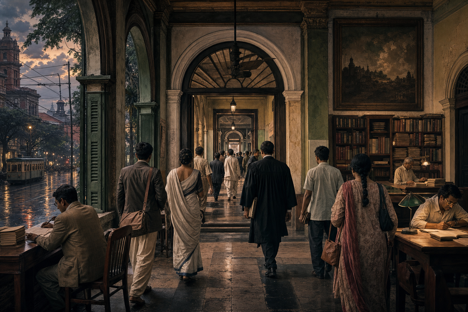 Anonymous Bengali professionals, students, and political organizers move through an old Kolkata institutional corridor while aligned desks and doorways suggest continuity across generations.