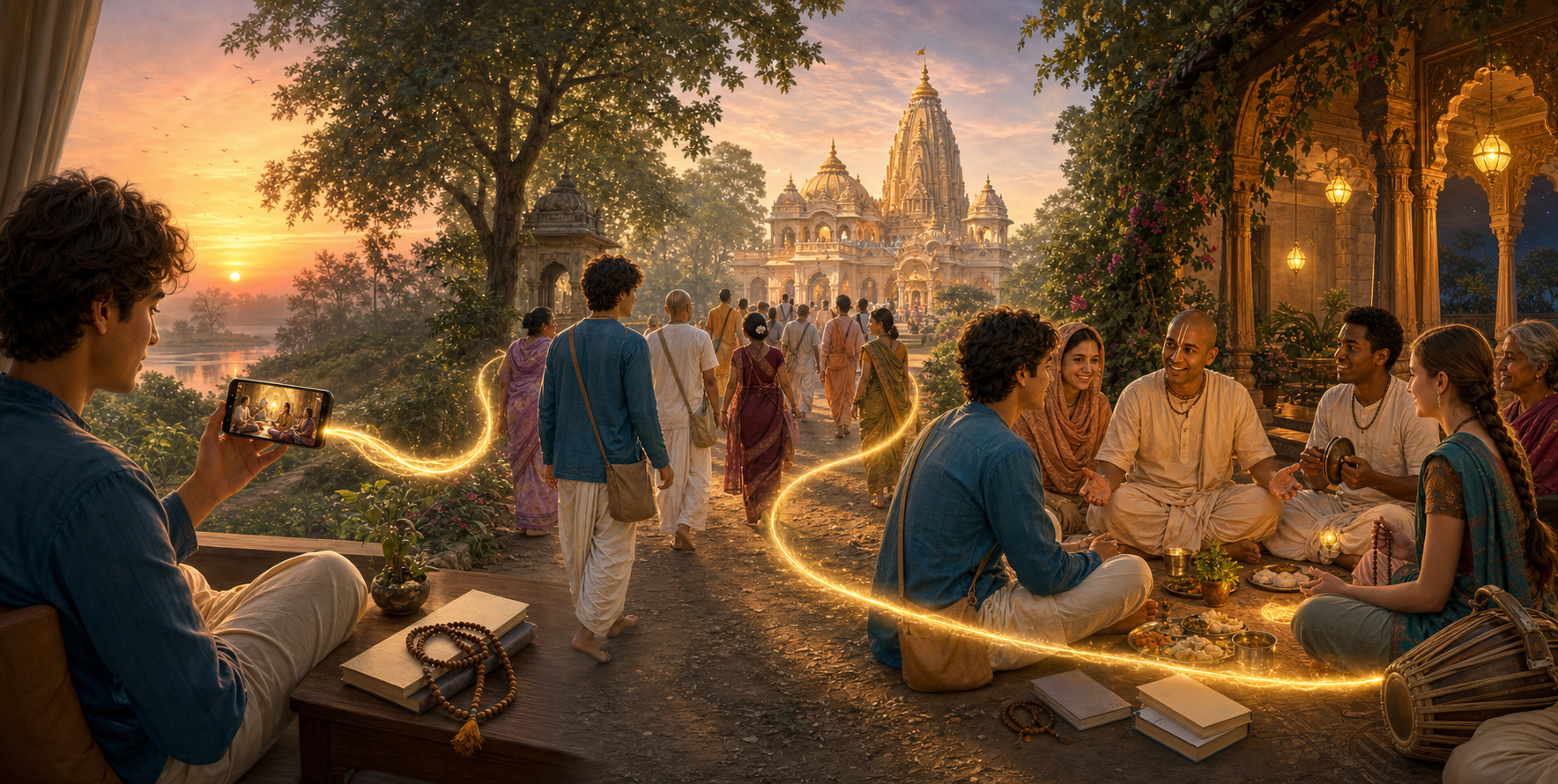 A continuous scene shows a newcomer moving from a devotional video to a temple pilgrimage and then joining a welcoming study and chanting circle.