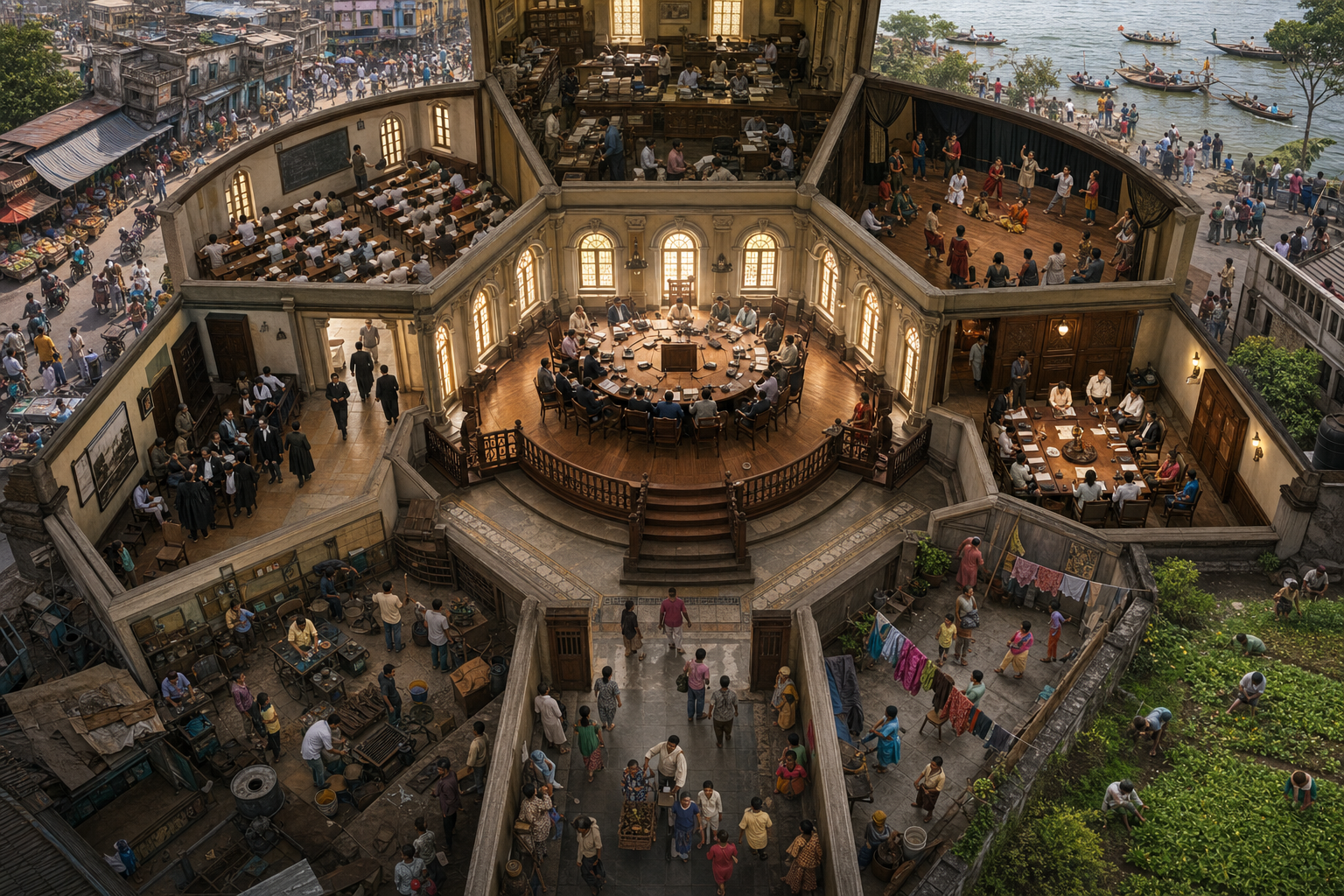A raised circle of anonymous Bengali professionals connects to several institutions while a larger, socially diverse public occupies the surrounding city and countryside.