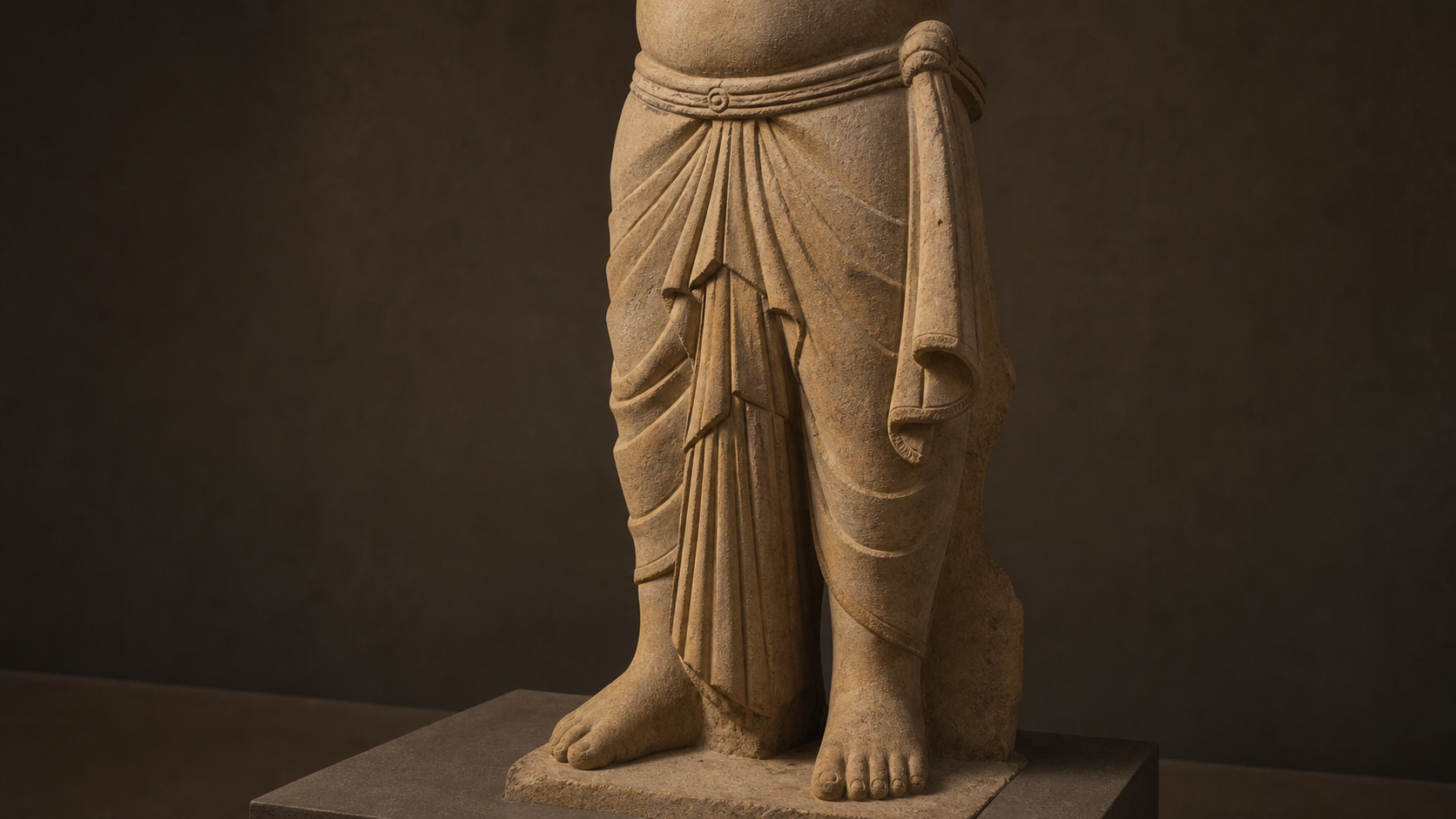Fictional sandstone sacred figure wearing a wrapped lower garment with front pleats, a between-the-legs tuck, a narrow girdle, and a separate side sash.