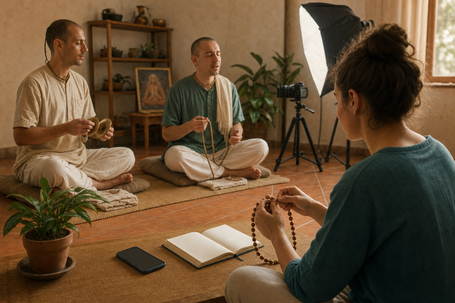 Devotional practitioners record a prayer-bead meditation while a newcomer at home follows the practice beside a phone.