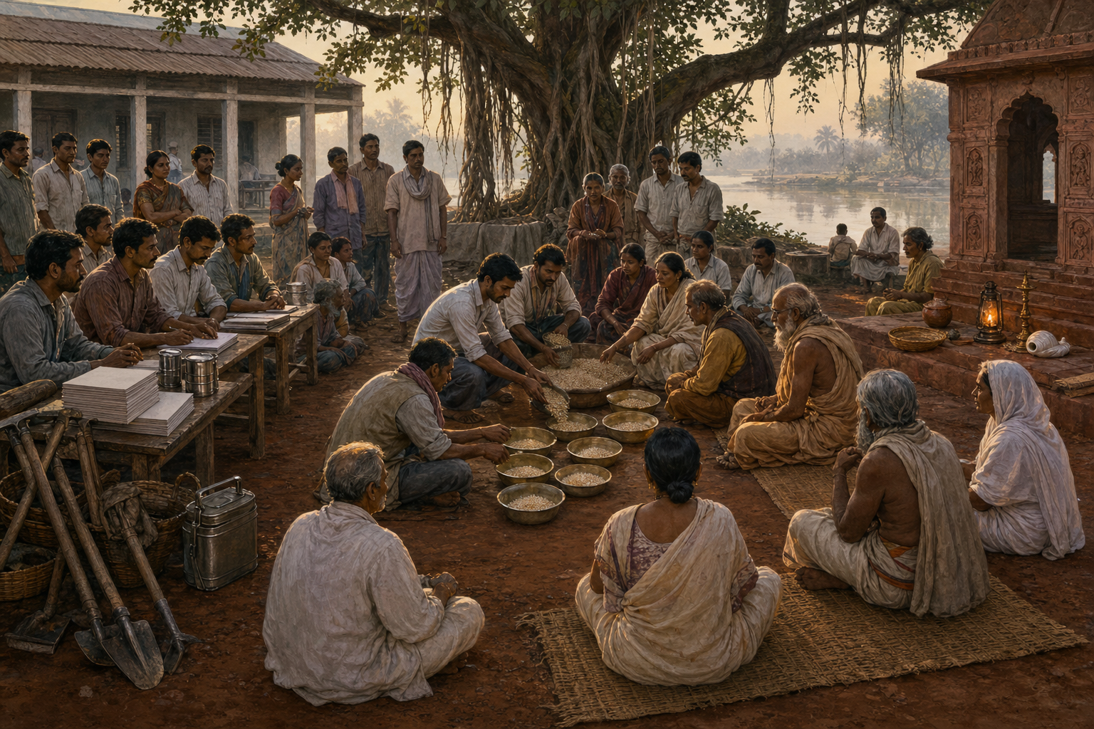 Teachers, workers, peasants, monks, and householders gather in a Bengali courtyard where unmarked political materials and Dharmic cultural objects surround the fair distribution of grain.