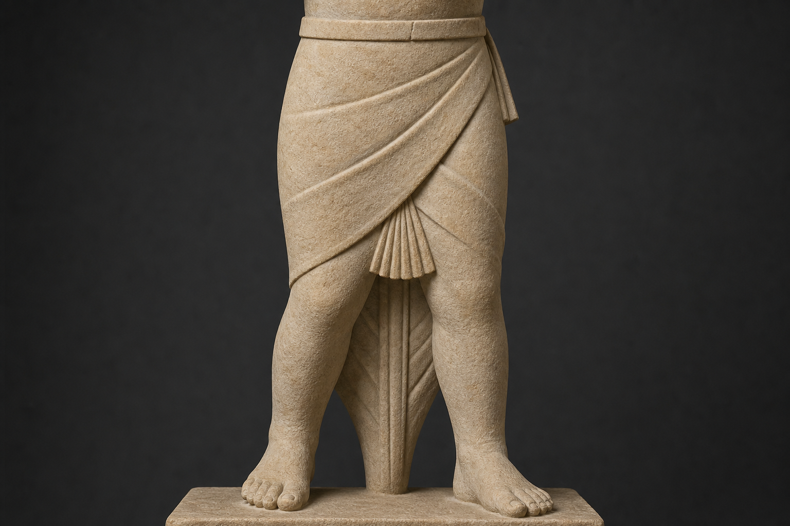 Lower half of a fictional stone figure showing an antariya wrapped at the hips, gathered into front pleats, and tucked between the legs.