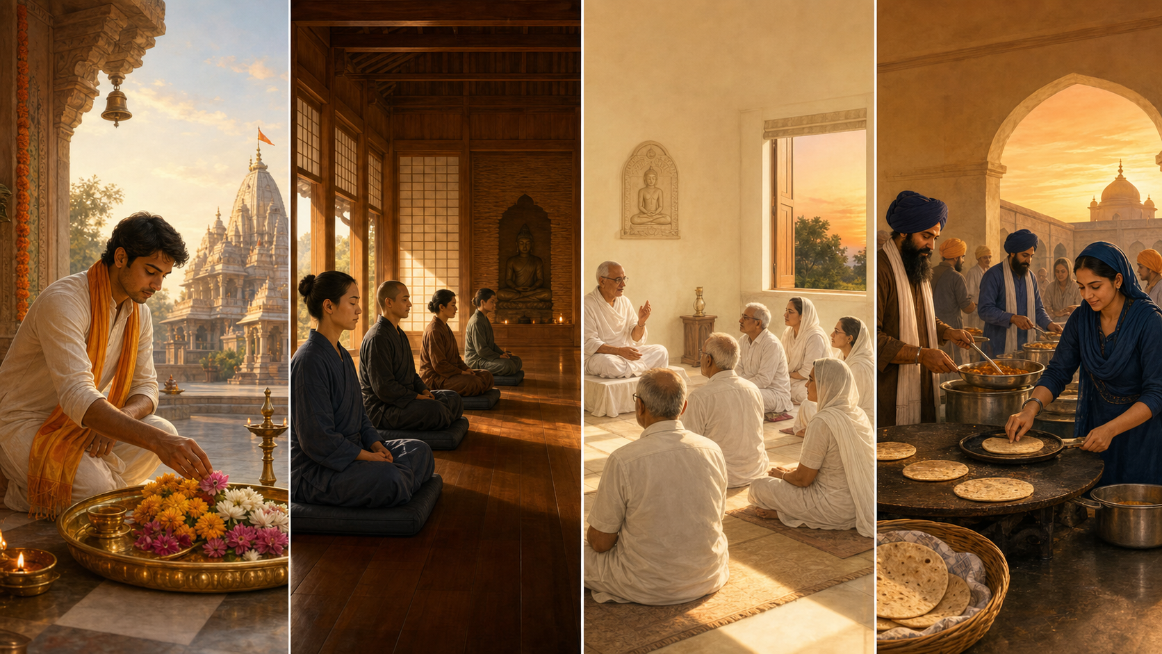 Four-part illustration showing a Hindu flower offering, Buddhist meditation, a Jain gathering, and Sikh volunteers preparing and serving a communal meal.