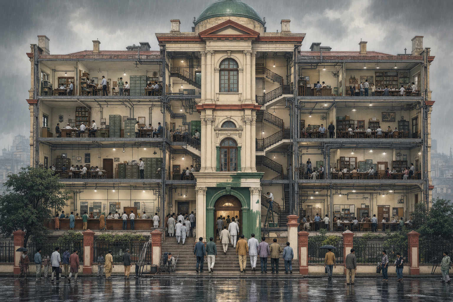 A cutaway Kolkata government building shows one anonymous political group leaving and another entering while the same institutional offices and professional networks continue inside.