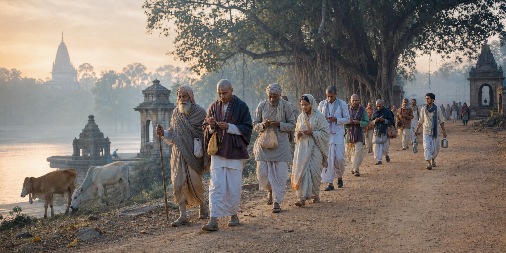 Pilgrims with prayer beads walk together at dawn along a riverbank path toward a distant temple spire.