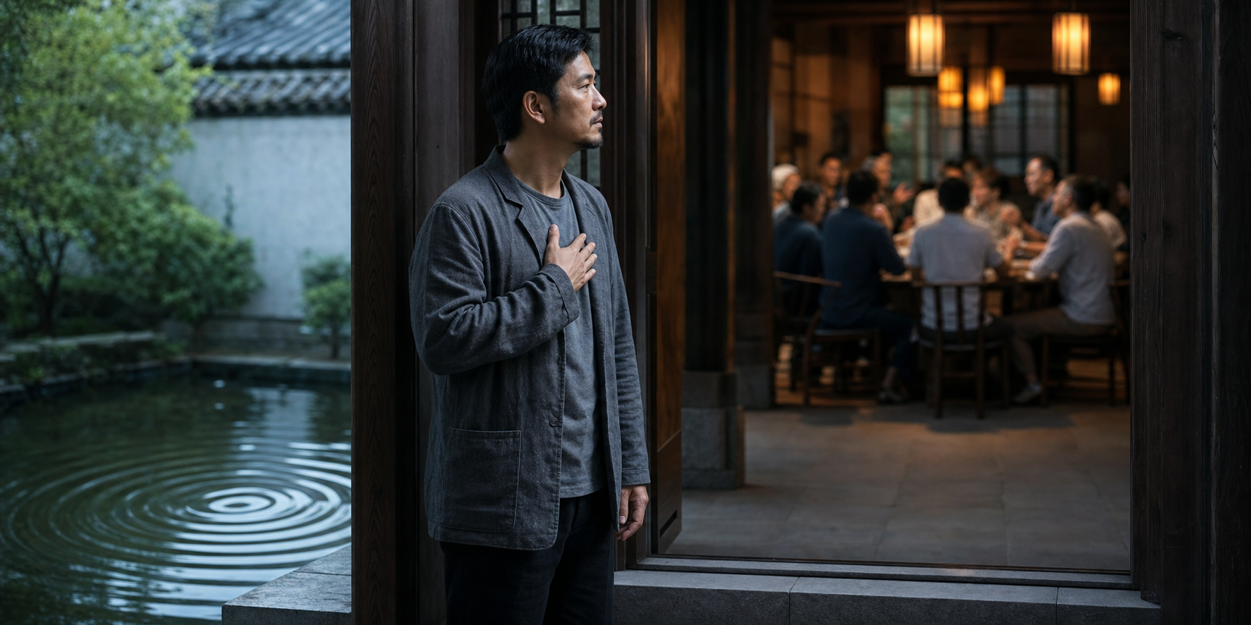 A calm person pauses beside a still water basin before entering a hall where several people are engaged in an animated discussion.