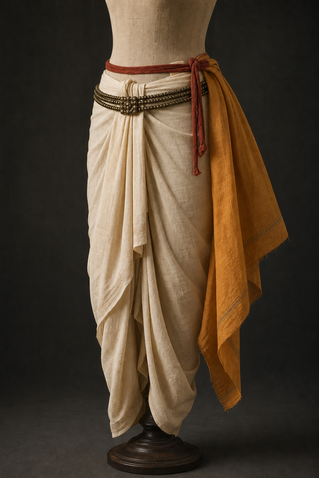 Headless dress form wearing an ivory wrapped antariya with a separate beaded girdle, rust-colored waist sash, and saffron companion cloth.
