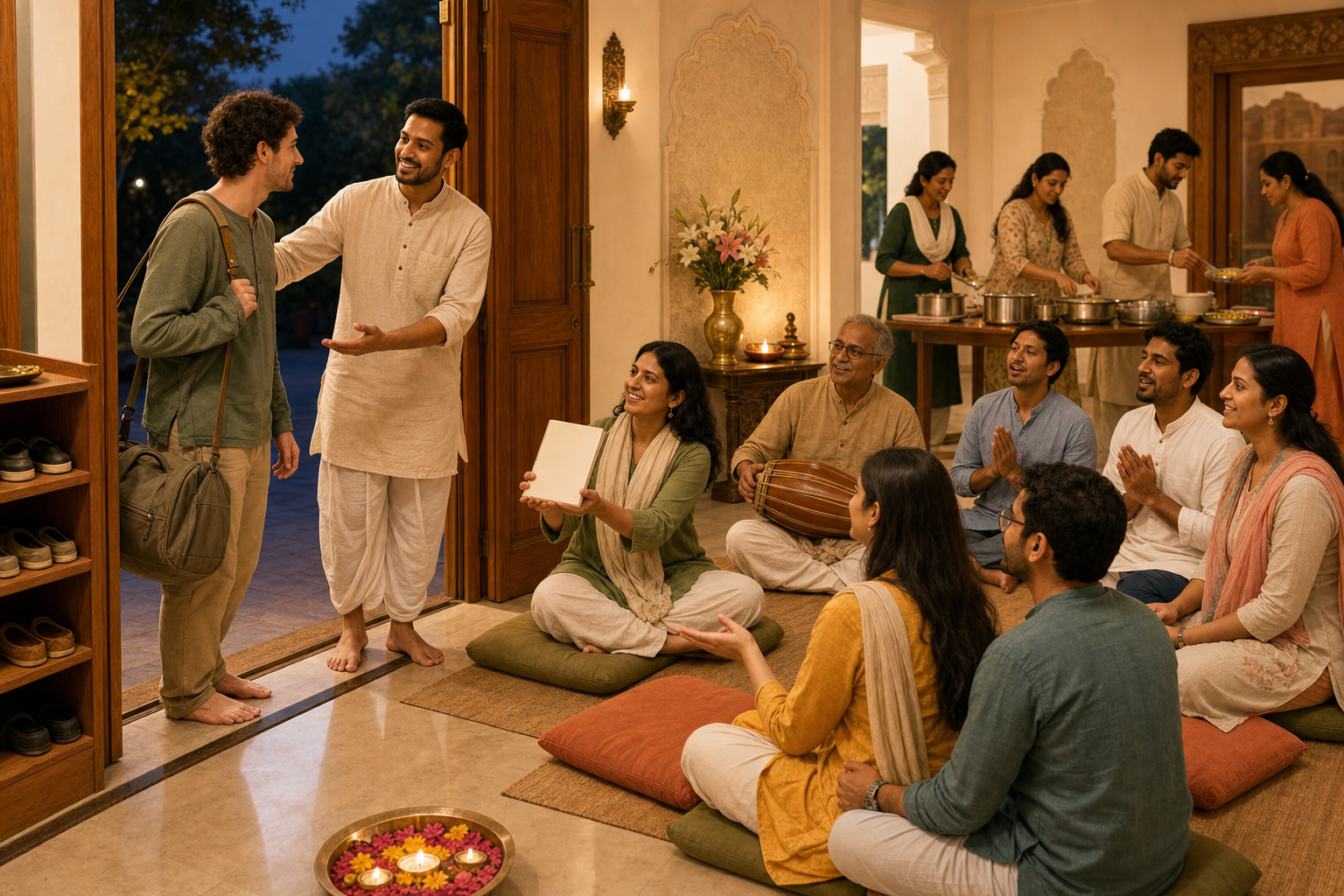 A temple volunteer introduces a newly arrived visitor to a small discussion circle while others prepare a communal meal nearby.