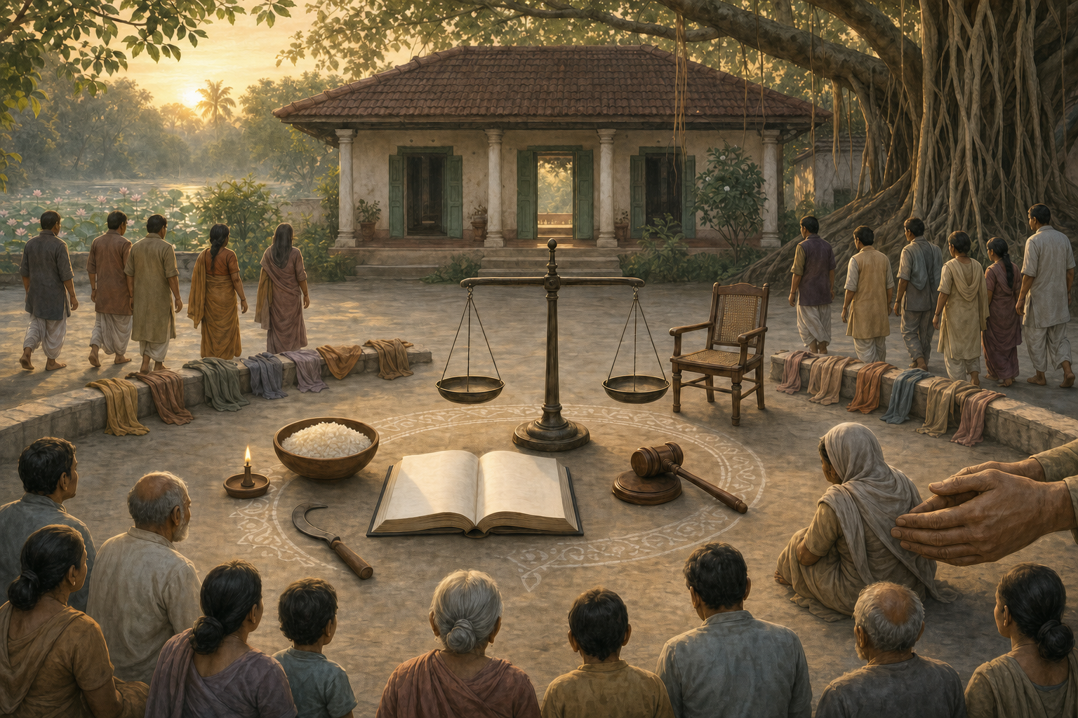 Anonymous political actors set aside colored scarves before a balance scale surrounded by a blank ledger, shared food, civic objects, and observing citizens in a Bengali courtyard.