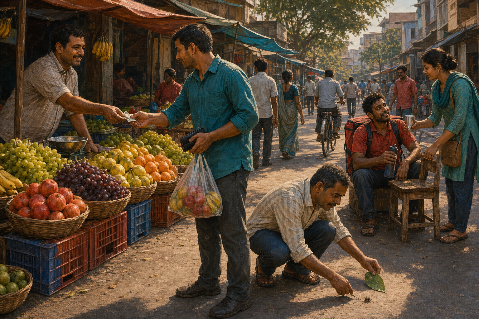 A market seller returns an overpayment while nearby people move an insect out of danger and offer water to a tired worker.