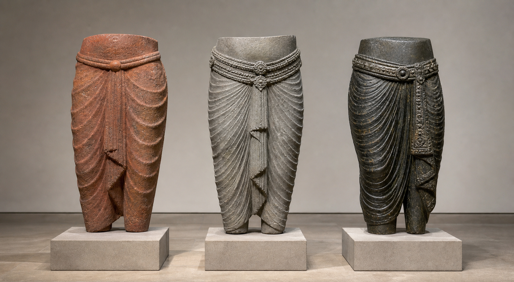 Three fictional sculpture fragments in red sandstone, gray stone, and dark bronze showing different pleat patterns, girdles, and side sashes.