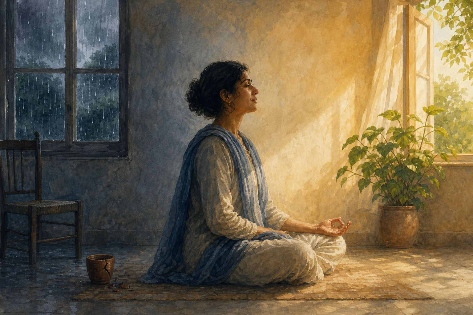 A two-part illustration shows the same seated person in a rainy, tense room and in a sunlit room with open hands and a calm expression.