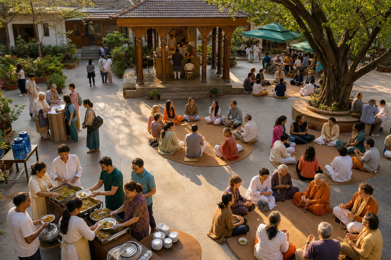 An organized temple courtyard gathering includes welcome volunteers, small learning circles, meditation guidance, water, and communal meal service.