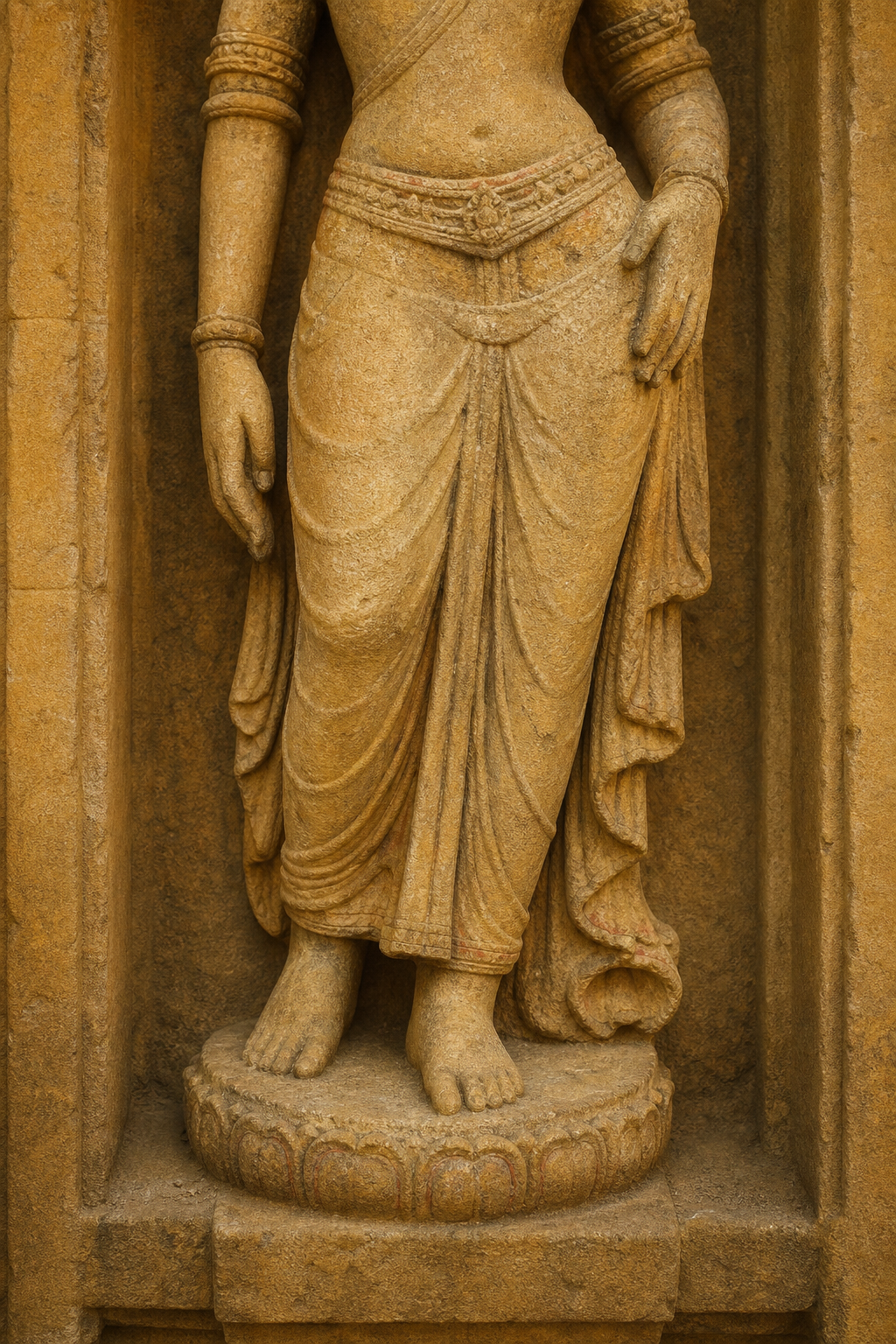 Fictional golden sandstone sacred figure in a curved stance, with the antariya's pleats and diagonal folds following the movement of the body.