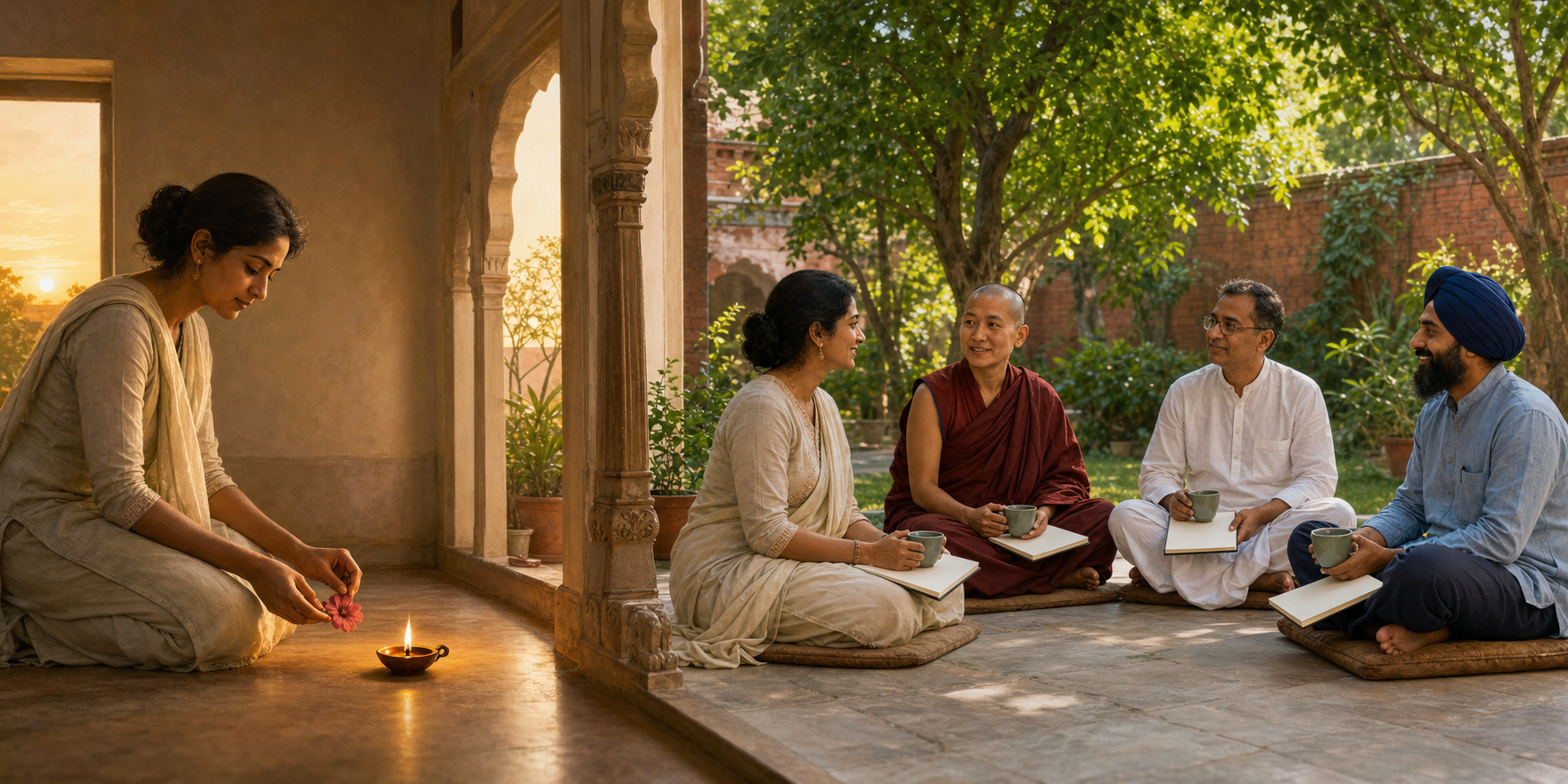 A woman practices beside a home lamp and flower, then sits in a garden conversation with Buddhist, Jain, and Sikh participants.