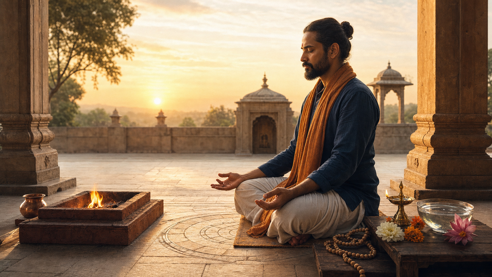 An Indian practitioner sits at dawn between a small fire altar and a simple arrangement of an oil lamp, water, flowers, and prayer beads.