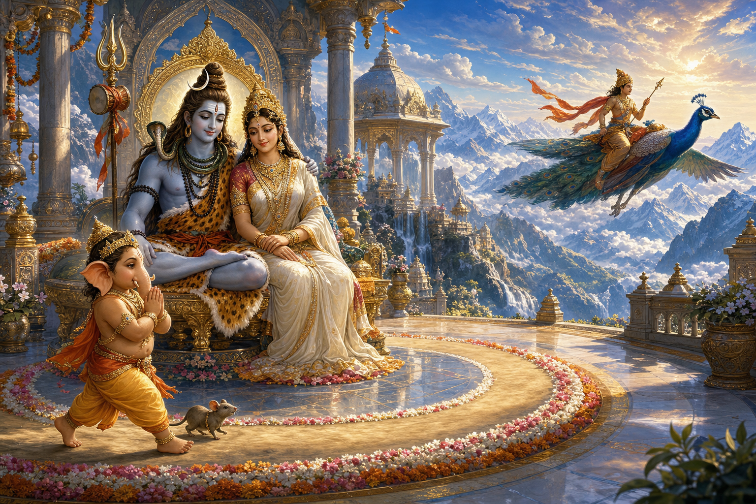 Ganesha walks reverently around Shiva and Parvati while Kartikeya travels into the distance on a peacock.