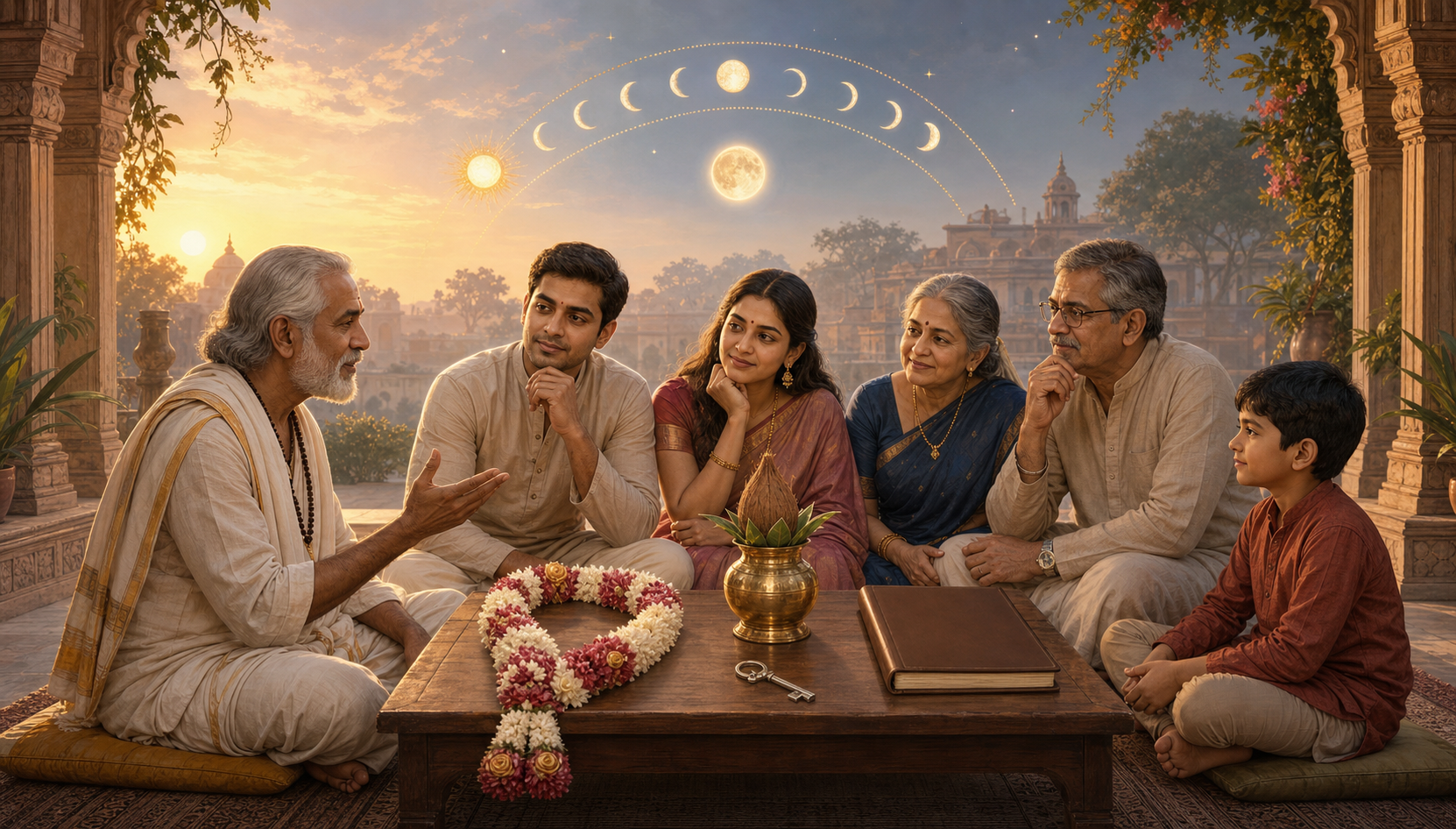An Indian family and a jyotisha scholar sit in a sunrise courtyard beside wedding, housewarming, and business-opening objects beneath a decorative sun-and-moon arc.