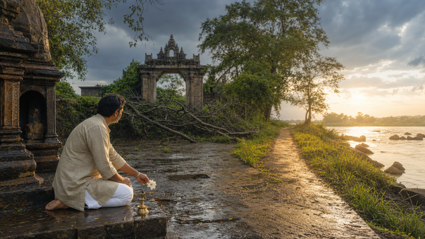A devotee offers a white flower beside a riverside lamp while sunlight reveals a path away from a storm-blocked route.