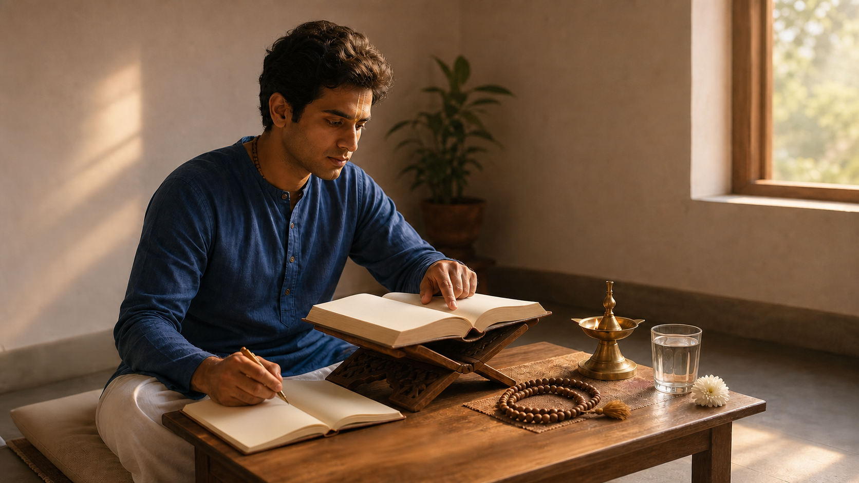 An adult devotee studies an open sacred volume at a low wooden desk beside prayer beads, a brass lamp, a notebook, and a flower in morning light.