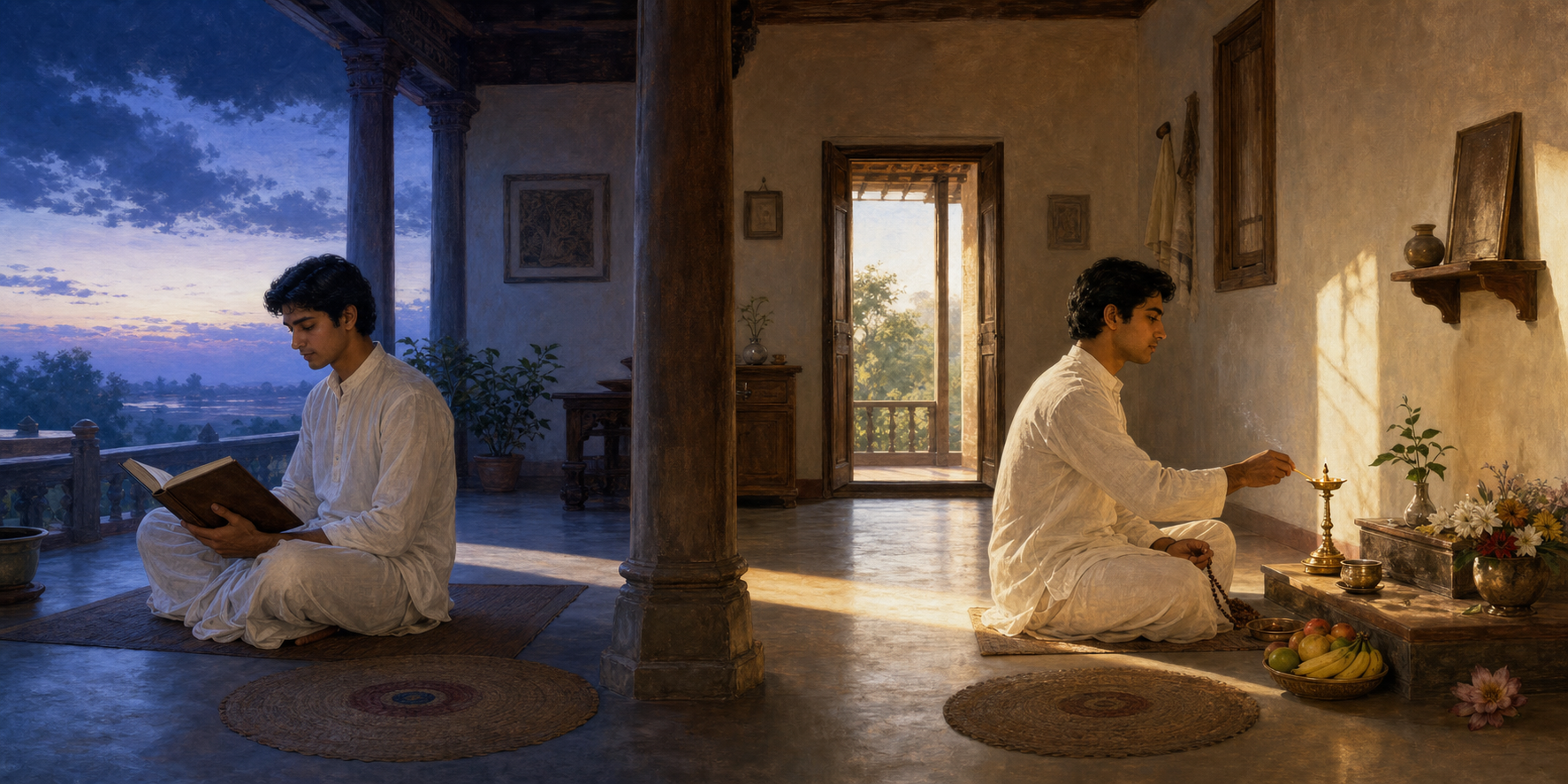 The same practitioner studies quietly on one side of a veranda and tends a simple lamp, water, fruit, and flower offering on the other.