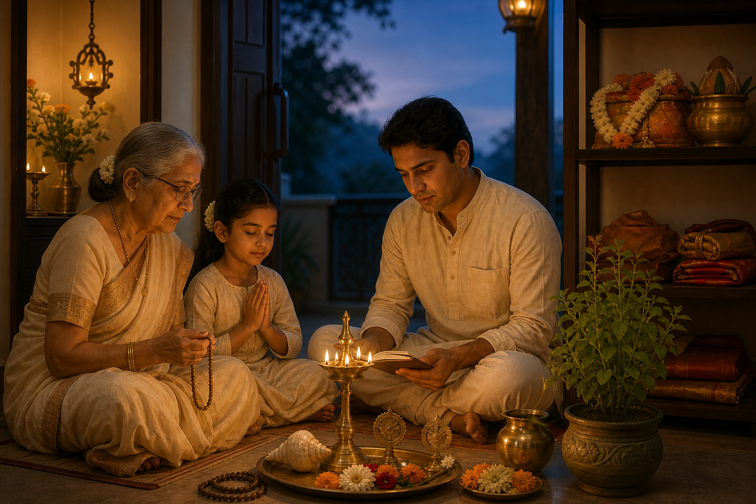 Three generations pray beside an oil lamp, tulsi plant, flowers, prayer beads, and Vishnu symbols while ceremonial items rest on a nearby shelf.