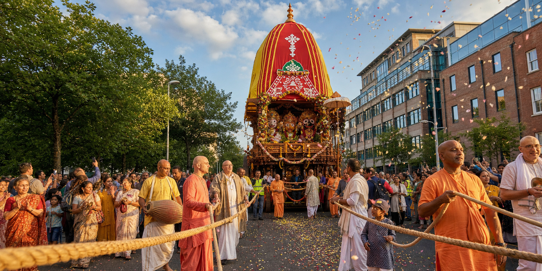 Devotees pull a brightly decorated Ratha Yatra chariot carrying Jagannath, Balabhadra, and Subhadra through a city street.