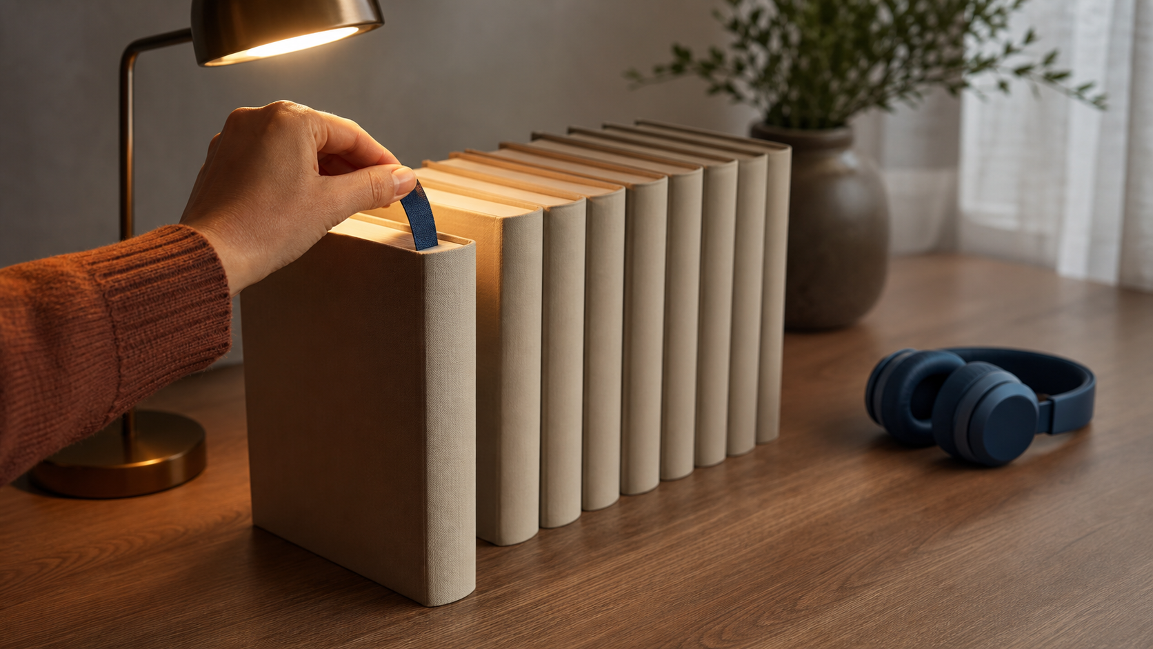 A hand bookmarks one volume in an orderly row of unmarked books while unused headphones rest at the edge of the table.