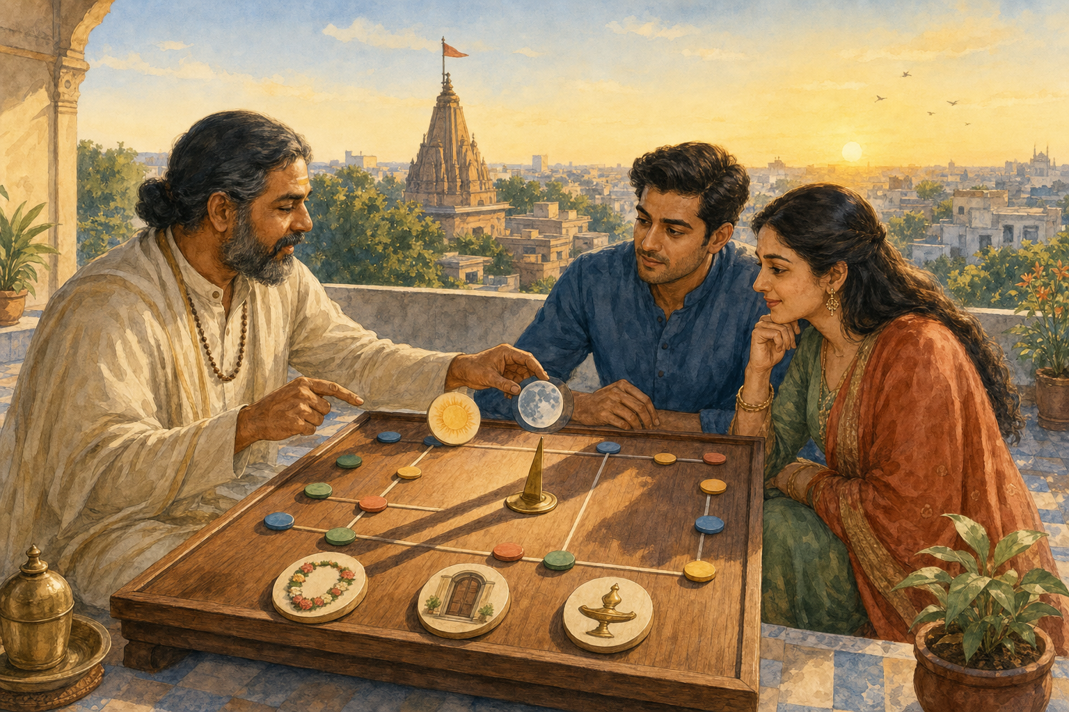 A couple consults a jyotisha practitioner on a sunrise terrace beside pictorial event markers, celestial discs, and a brass gnomon casting a shadow.